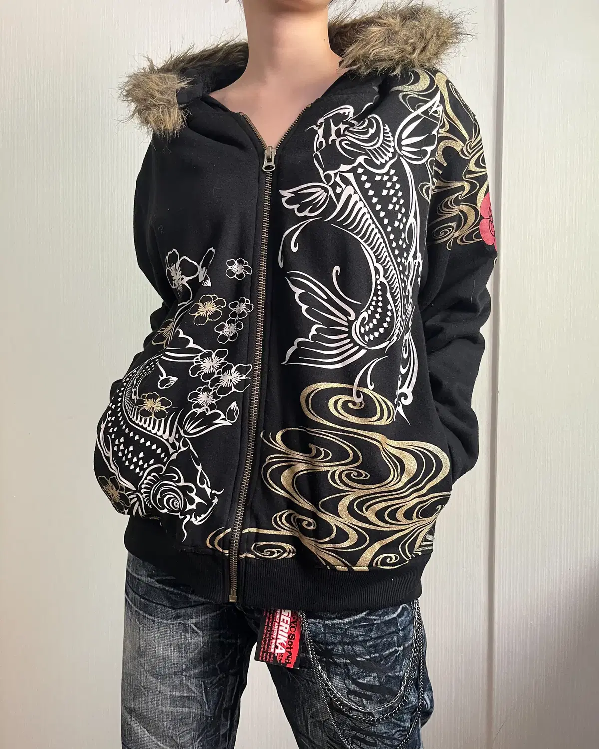 Oriental printing hood zip up jacket